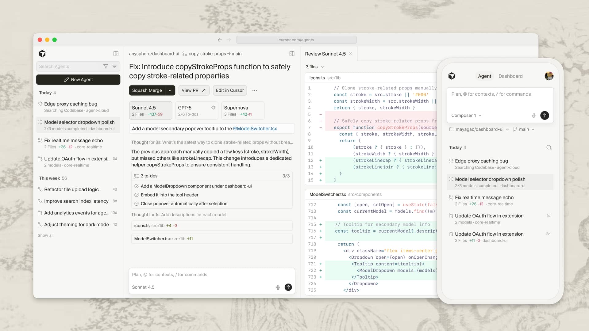 Kanban view of Cursor Agents performing coding and research tasks.