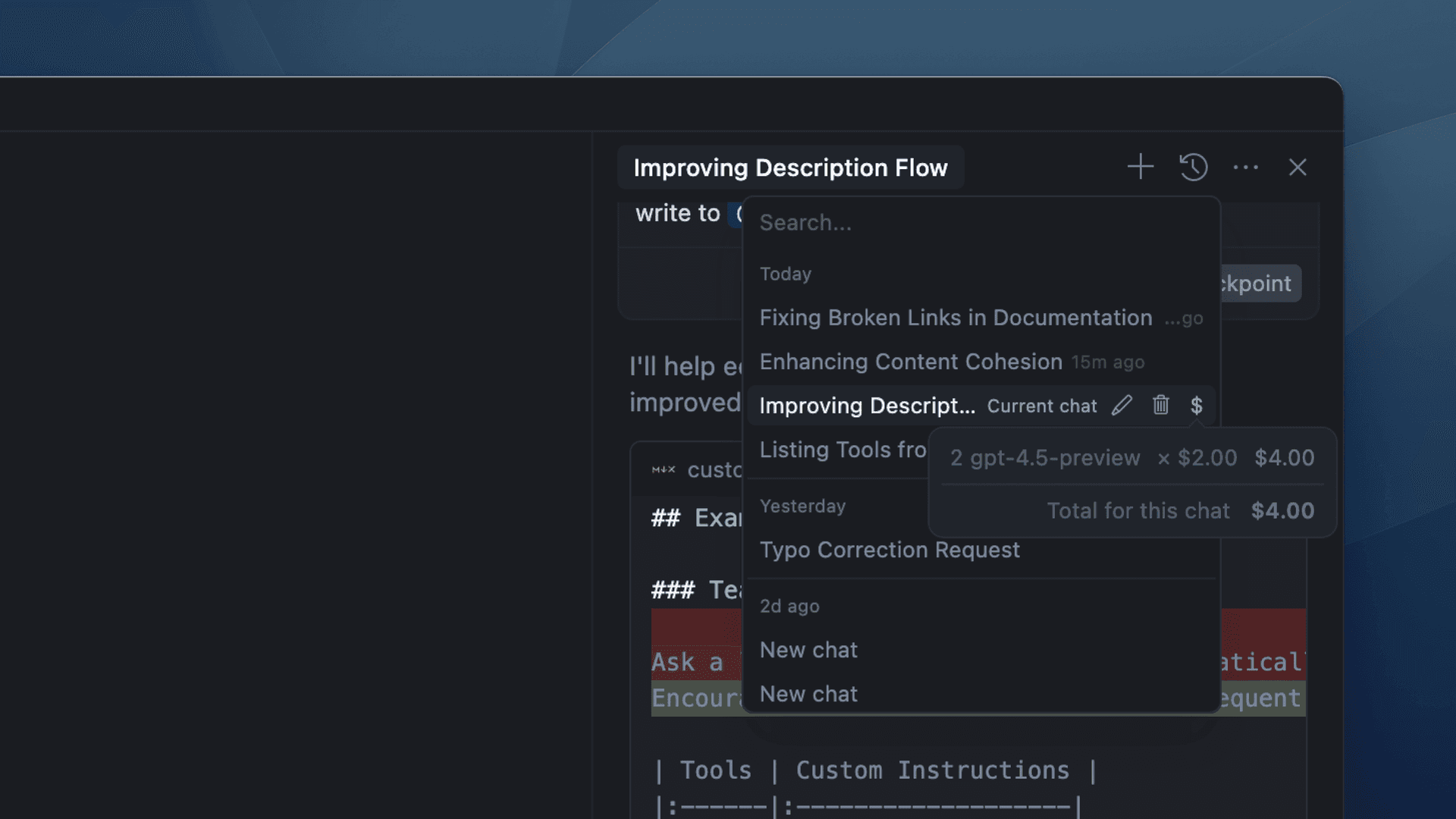A screenshot of the Cursor editor interface showing the chat title "Improving Description Flow" with a dropdown displaying recent chat history. The dropdown includes entries like "Fixing Broken Links in Documentation," "Enhancing Content Cohesion," and others. The currently selected chat shows a cost breakdown tooltip indicating it used "2 gpt-4.5-preview" requests at $2.00 each, totaling $4.00. Icons for editing, duplicating, and viewing cost are visible next to the chat title. The interface uses a dark theme.