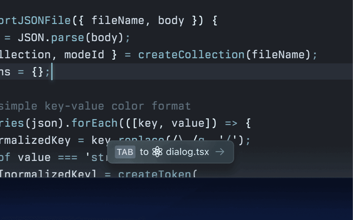 A close-up screenshot of a code editor window showing JavaScript or TypeScript code. The code includes an importJSONFile function and logic involving createCollection, JSON parsing, and key-value handling. A floating tooltip at the bottom shows a suggestion to press the Tab key to jump to the file dialog.tsx, indicated with a React icon. The interface uses a dark theme.